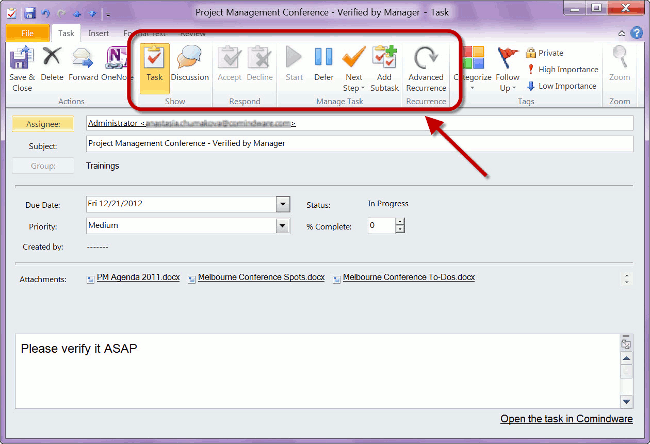 Comindware enriched Outlook tasks